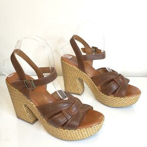 Korks Dee Sandals Sz 8 Brown Faux Leather Platform Woven Chunky Block Heel Boho